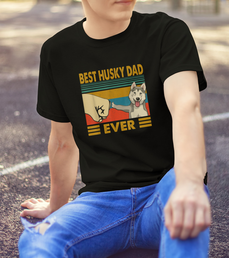 Mens Best Husky Dad Ever Fist Bump Retro Vintage Sunset T-Shirt