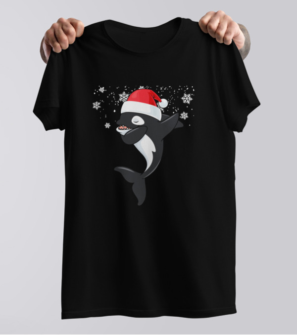 Orca Christmas Dabbing Killer Whale Santa Hat Snowflakes T-Shirt