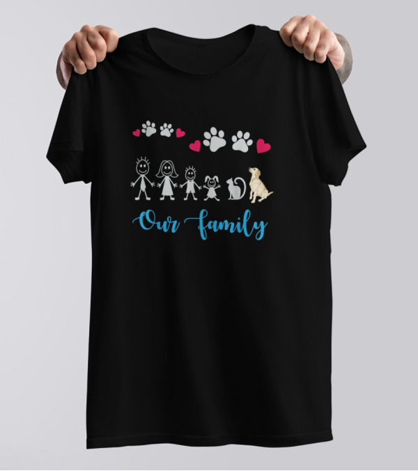 Our Family Son Daughter Cat Labrador Retri Paw Prints Hearts T-Shirt