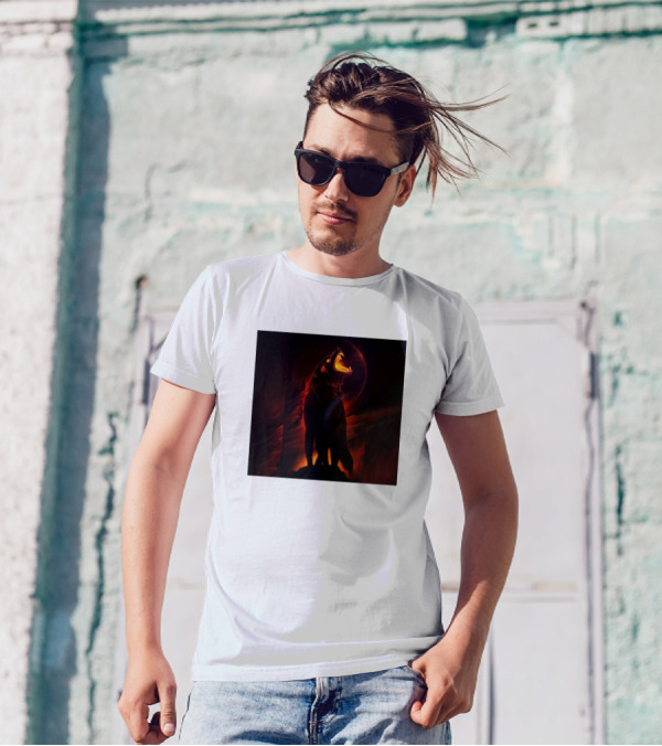 Ovcharka Caucasian Mountain Dog Fiery Wolf Howling Night Scene T-Shirt