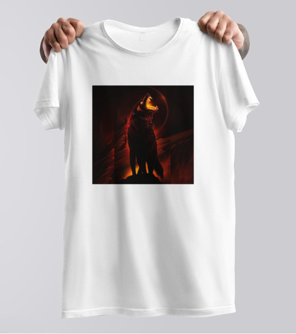Ovcharka Caucasian Mountain Dog Fiery Wolf Howling Night Scene T-Shirt