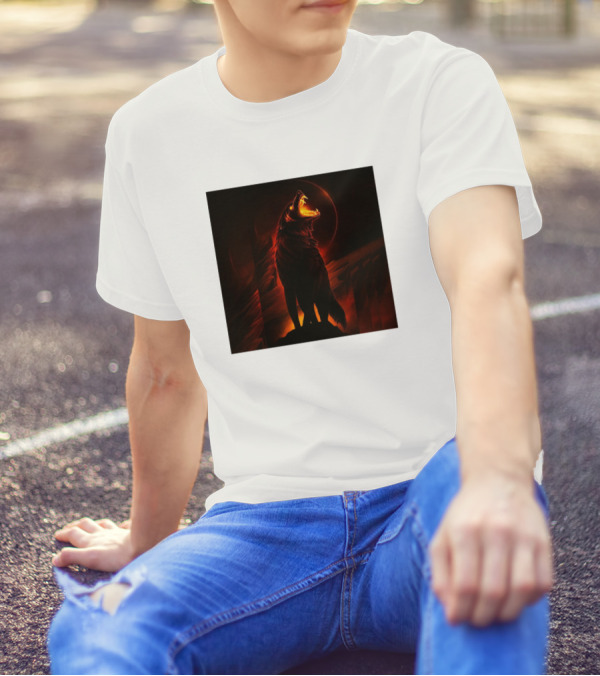 Ovcharka Caucasian Mountain Dog Fiery Wolf Howling Night Scene T-Shirt