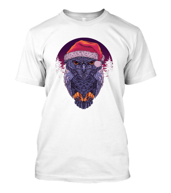 Owl With Santa Hat In Nighttime Forest Scene T-Shirt
