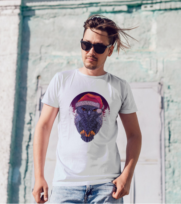 Owl With Santa Hat In Nighttime Forest Scene T-Shirt