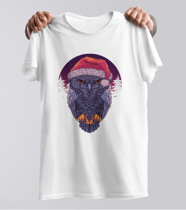 Owl With Santa Hat In Nighttime Forest Scene T-Shirt