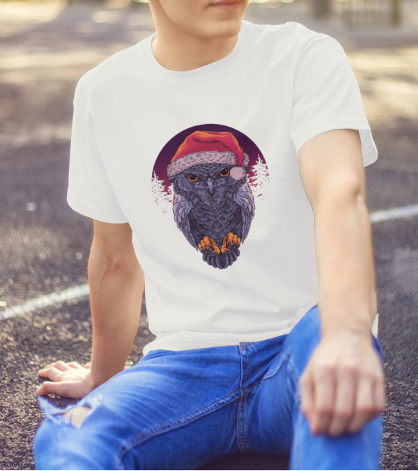 Owl With Santa Hat In Nighttime Forest Scene T-Shirt
