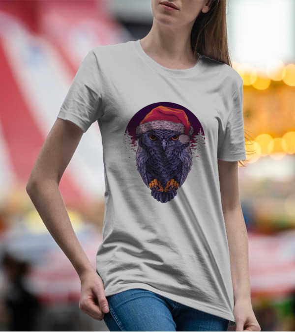 Owl With Santa Hat In Nighttime Forest Scene T-Shirt