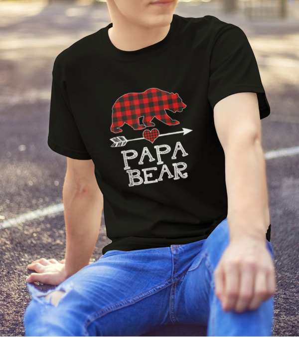 Papa Bear Red Plaid Buffalo Christmas Arrow Heart T-Shirt