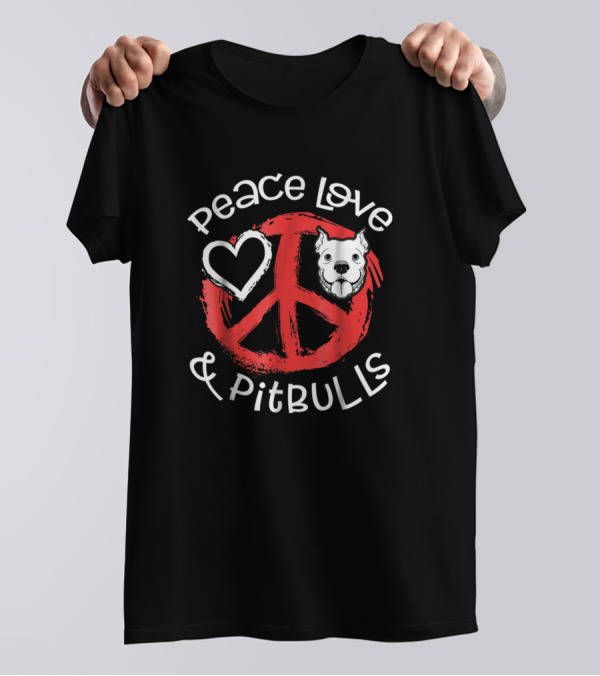 Peace Love And Pitbulls Heart Symbol With Pitbull Face T-Shirt