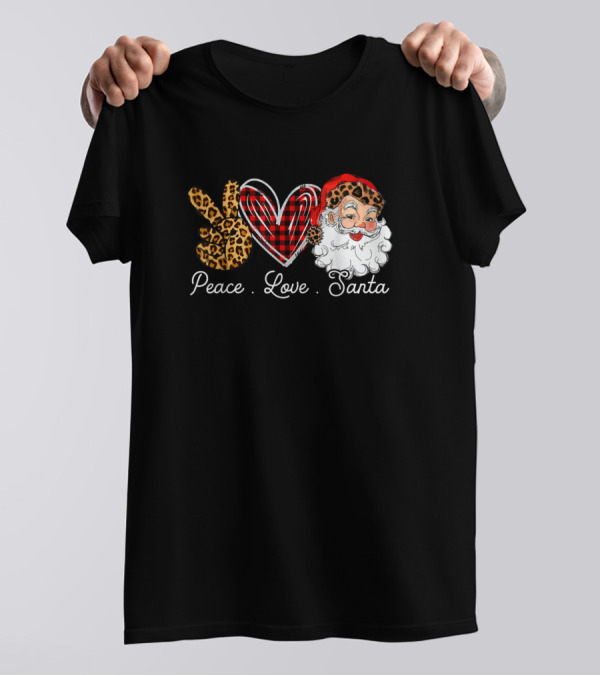 Peace Love Santa Leopard Print Buffalo Plaid T-Shirt