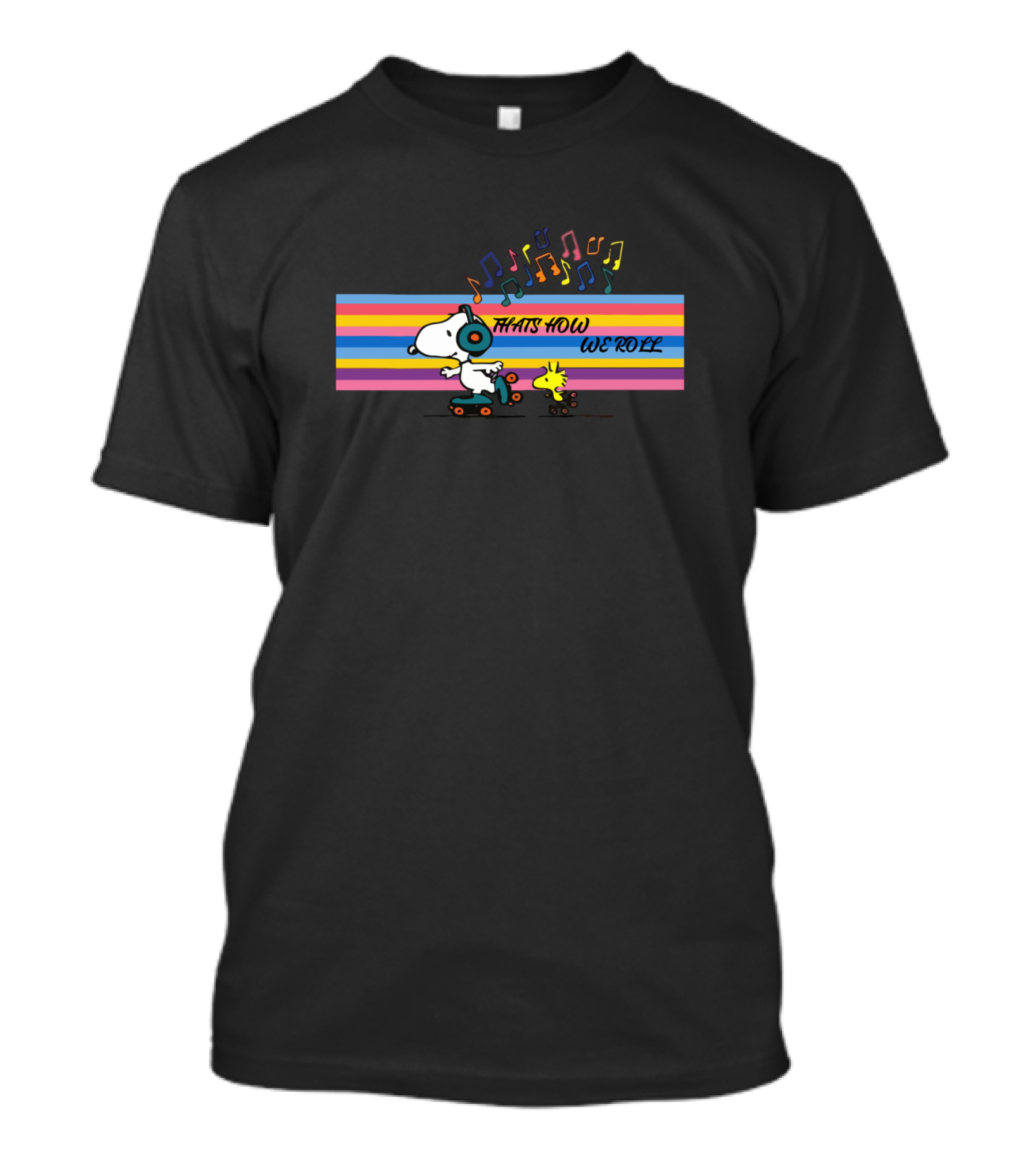 That's How We Roll Snoopy Peanuts Woodstock Music Skateboard Retro Stripes T-Shirt
