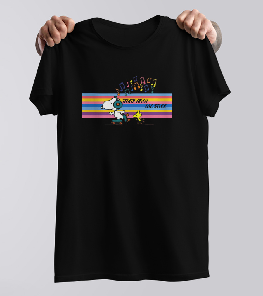 That's How We Roll Snoopy Peanuts Woodstock Music Skateboard Retro Stripes T-Shirt