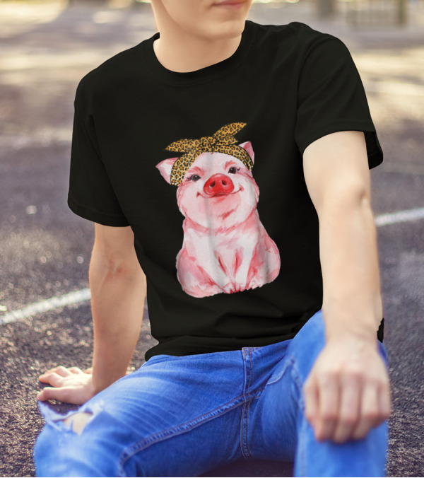 Pig Bandana Cute For Girl And Women With Leopard Print Headband T-Shirt