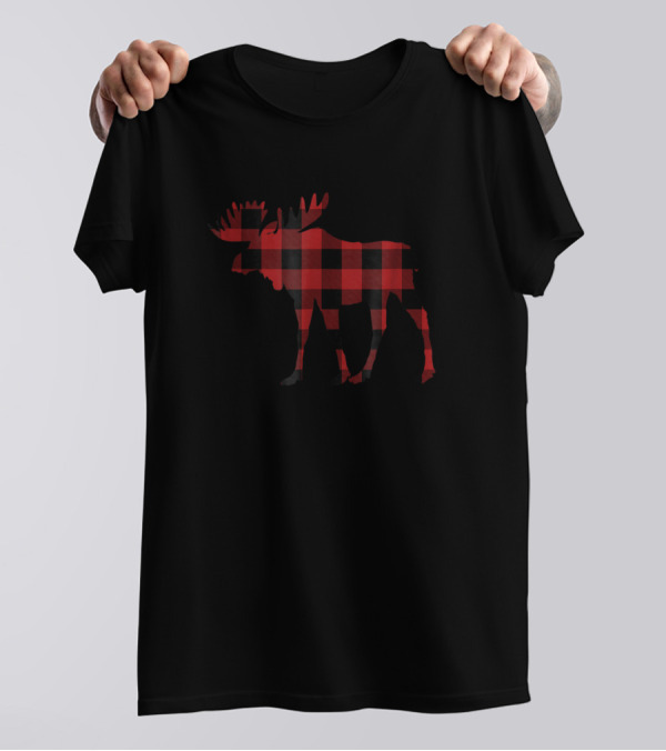 Red And Black Buffalo Plaid Moose Silhouette Christmas Flannel T-Shirt