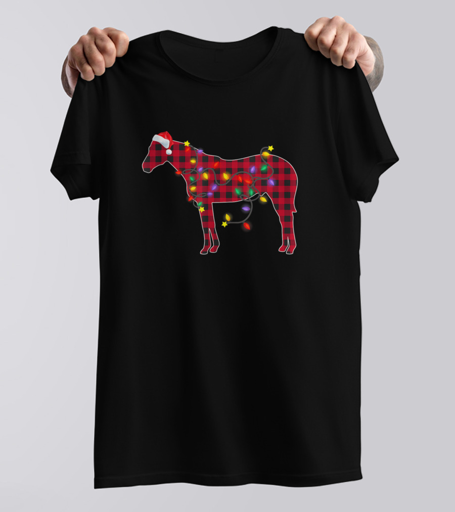 Red Plaid Buffalo Horse With Christmas Lights And Santa Hat T-Shirt