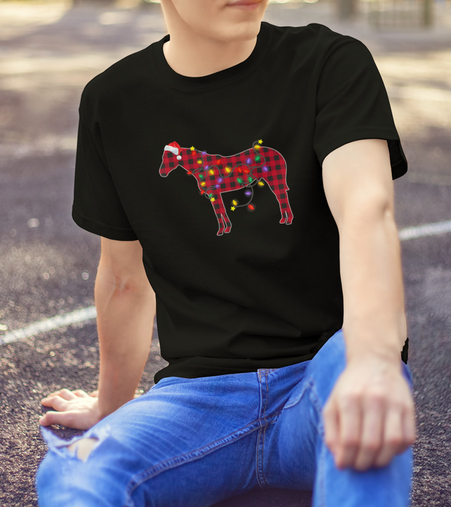 Red Plaid Buffalo Horse With Christmas Lights And Santa Hat T-Shirt