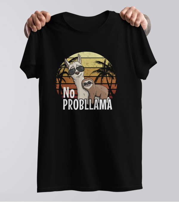 No Probllama Retro Style Sloth Riding Llama With Sunglasses T-Shirt