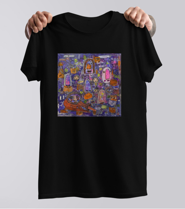 Whimsical Faces And Abstract Patterns In Mixed Colors T-Shirt