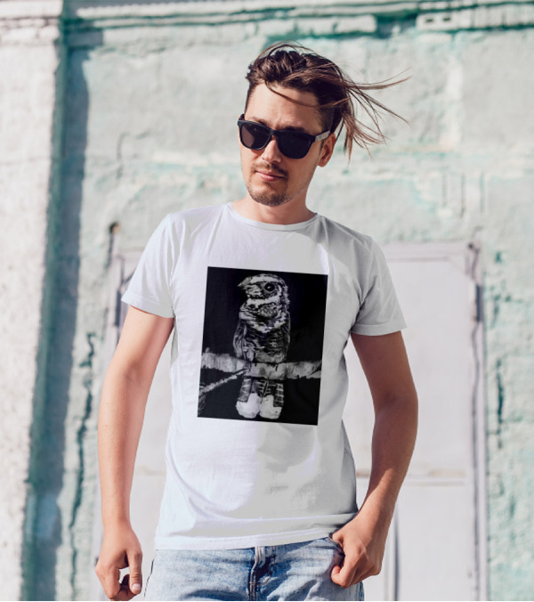 Whippoorwill Bird Perched On Branch In Monochrome Drawing T-Shirt