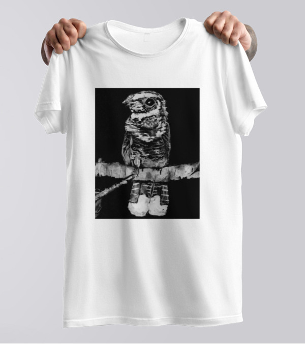 Whippoorwill Bird Perched On Branch In Monochrome Drawing T-Shirt