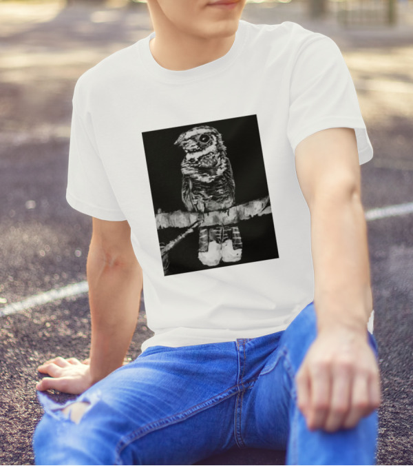 Whippoorwill Bird Perched On Branch In Monochrome Drawing T-Shirt