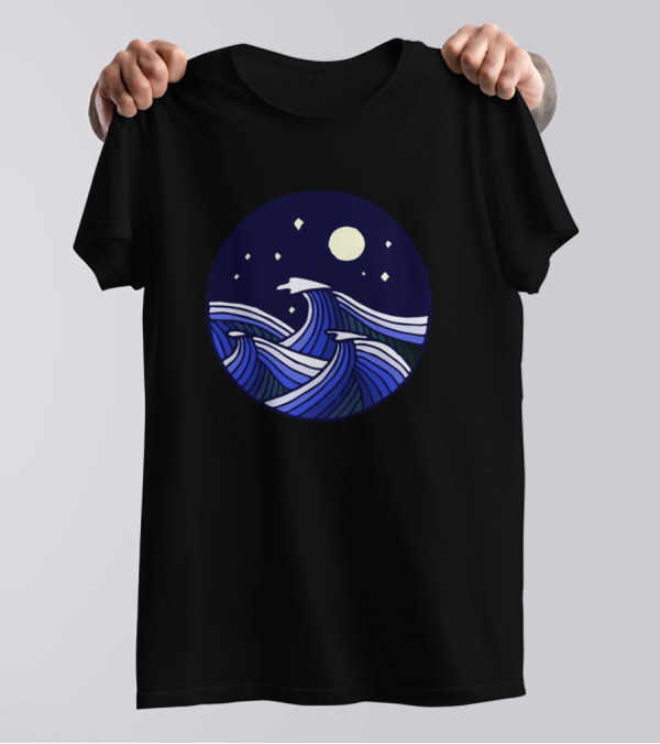 Stylized Moonlit Night With Ocean Waves And Stars T-Shirt