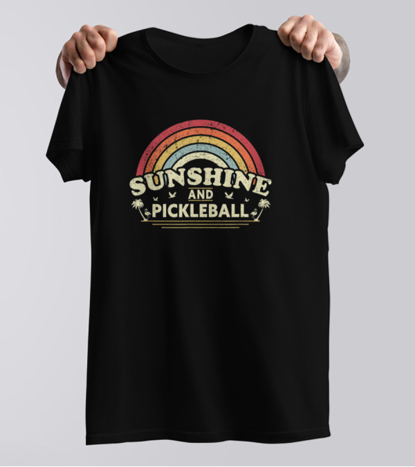 Sunshine And Pickleball Retro Rainbow Palm Trees And Birds T-Shirt
