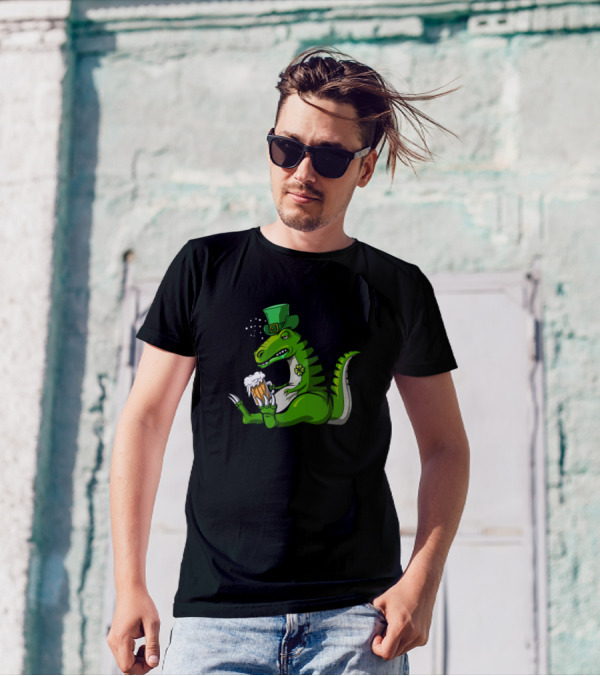 T Rex Dinosaur Leprechaun Drinking Beer St Patrick's Day T-Shirt