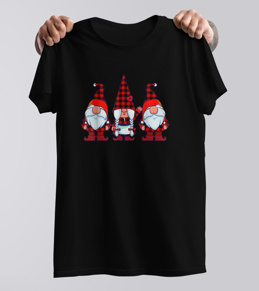 Three Christmas Gnomes In Buffalo Plaid T-Shirt
