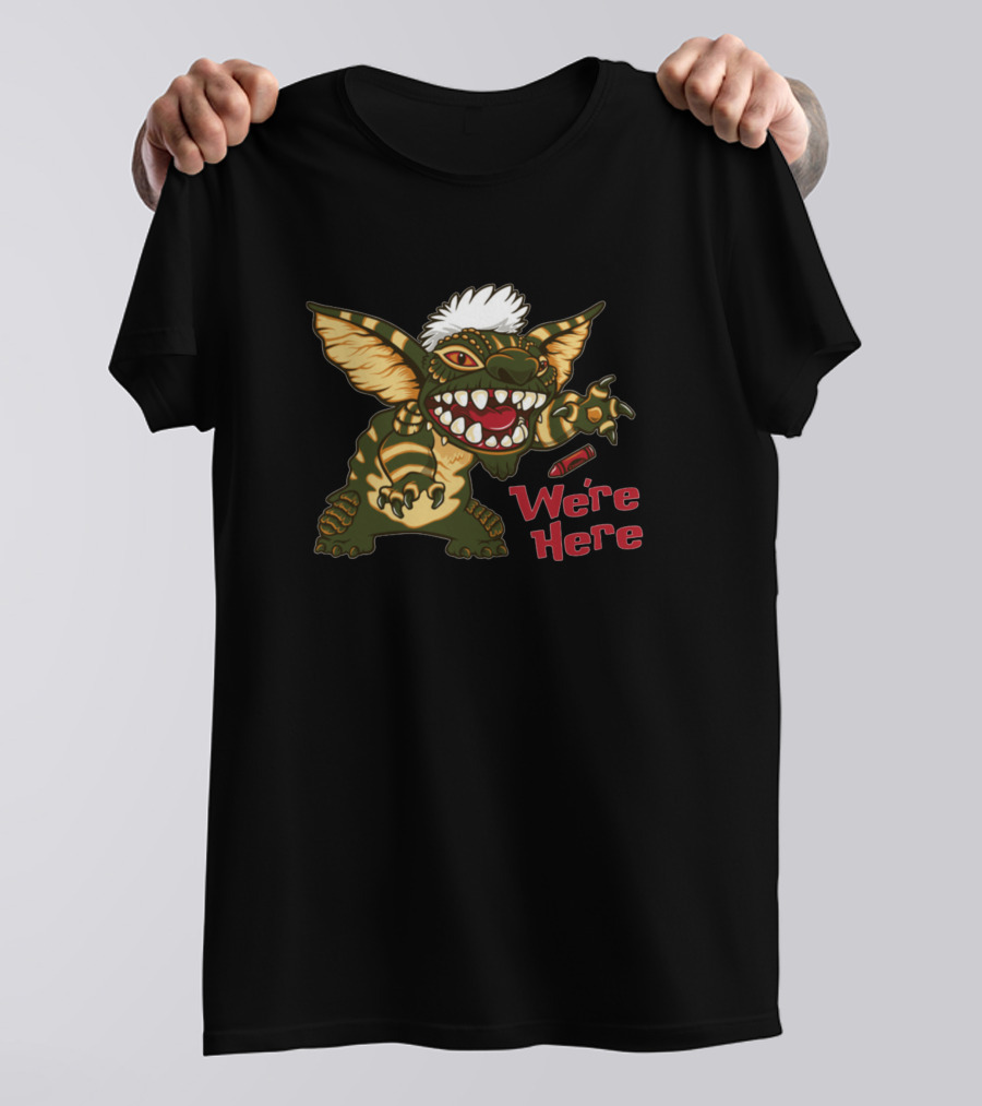 We're Here Gremlins Stripe Stitch 80s Cult Movie T-Shirt