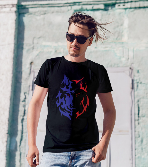 Wolf Face Tattoo Red Blue Flame Split T-Shirt