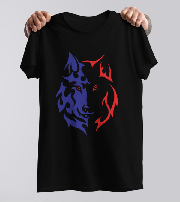 Wolf Face Tattoo Red Blue Flame Split T-Shirt