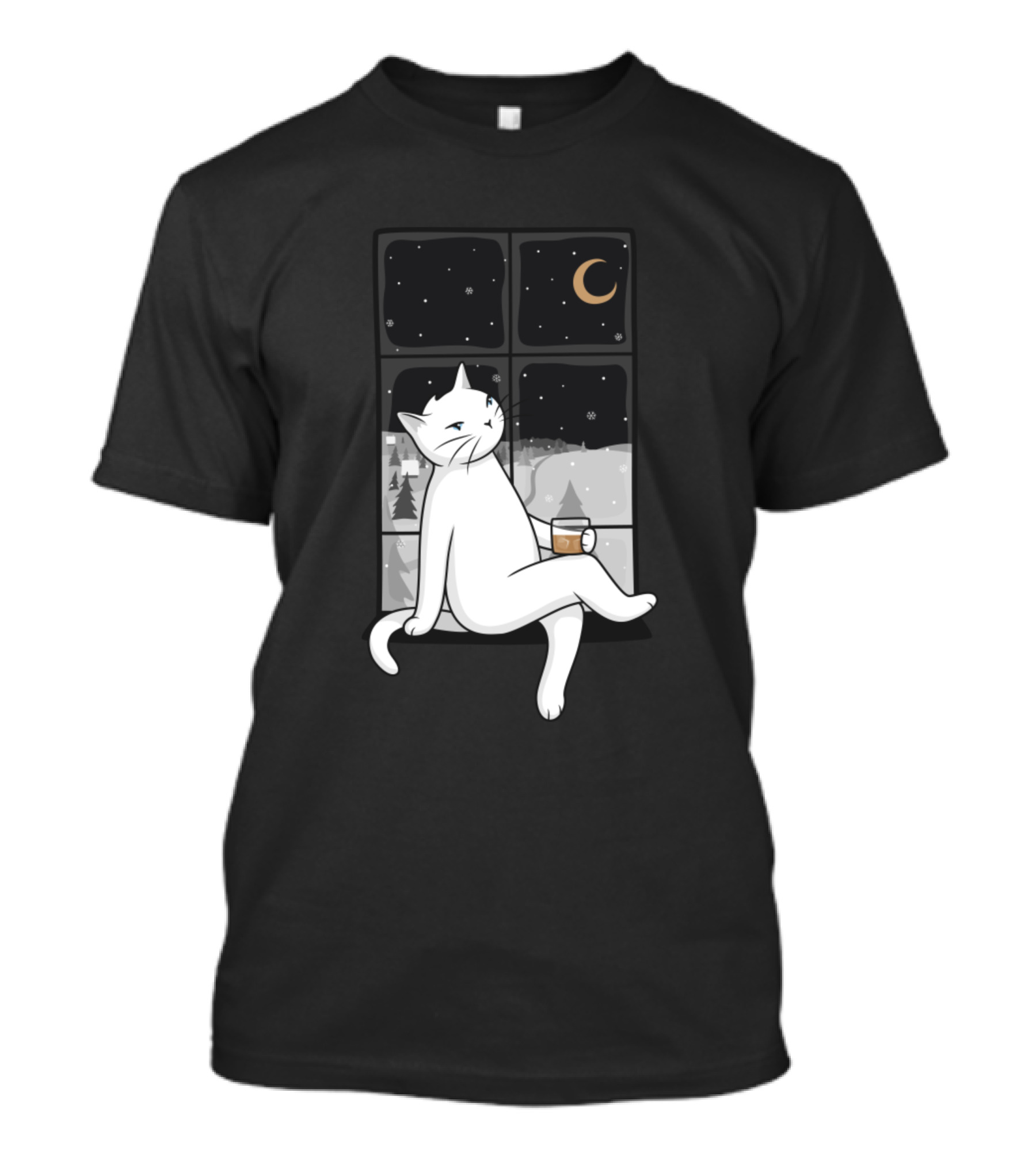 The Winter Night Is The Perfect Sight With Cat By The Window And Moonlit Snowy Scene T-Shirt