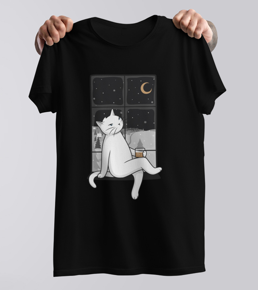 The Winter Night Is The Perfect Sight With Cat By The Window And Moonlit Snowy Scene T-Shirt