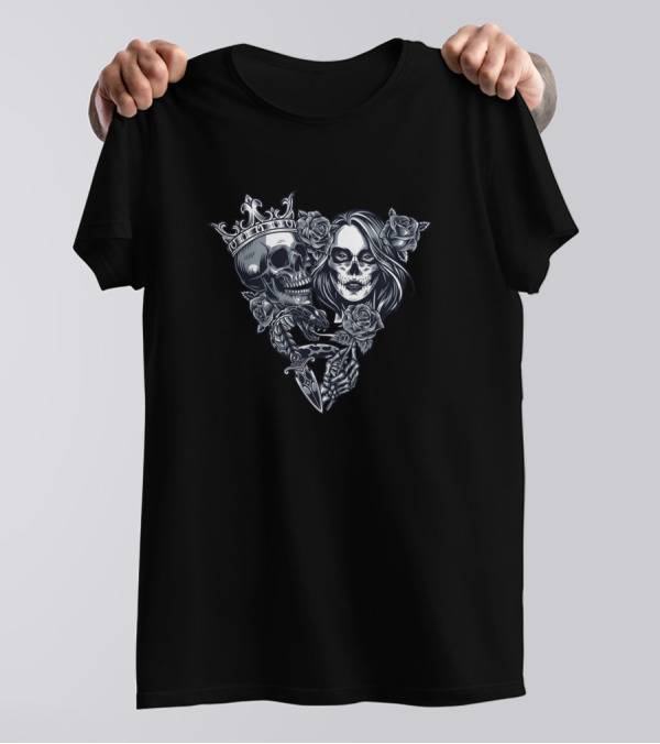 Crowned Skull And Woman With Roses In Triangle T-Shirt