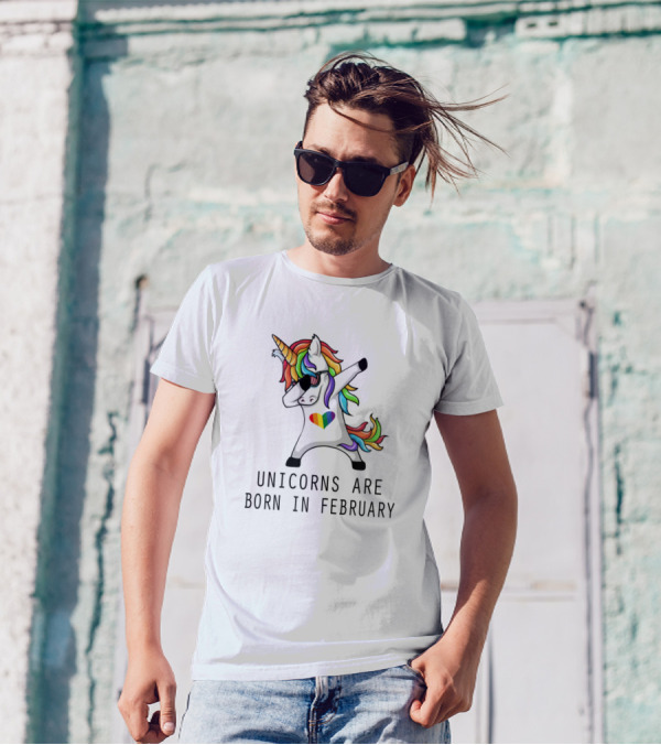 Unicorns Are Born In February Dabbing Rainbow Heart Pose T-Shirt