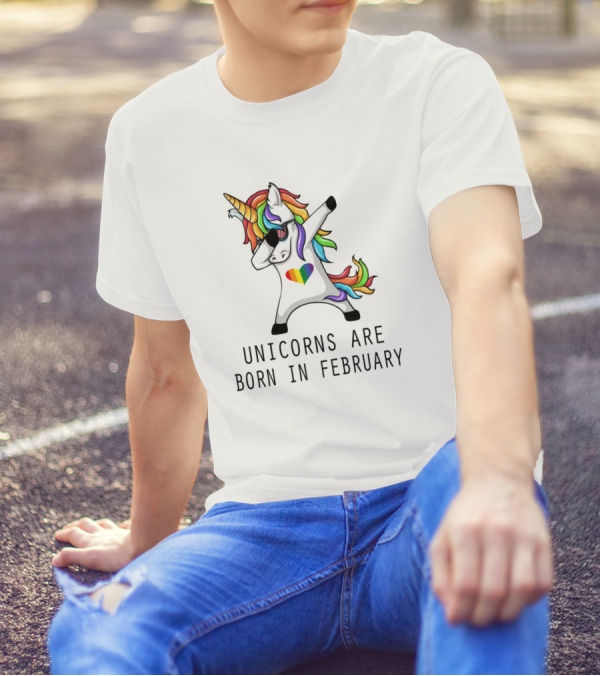 Unicorns Are Born In February Dabbing Rainbow Heart Pose T-Shirt