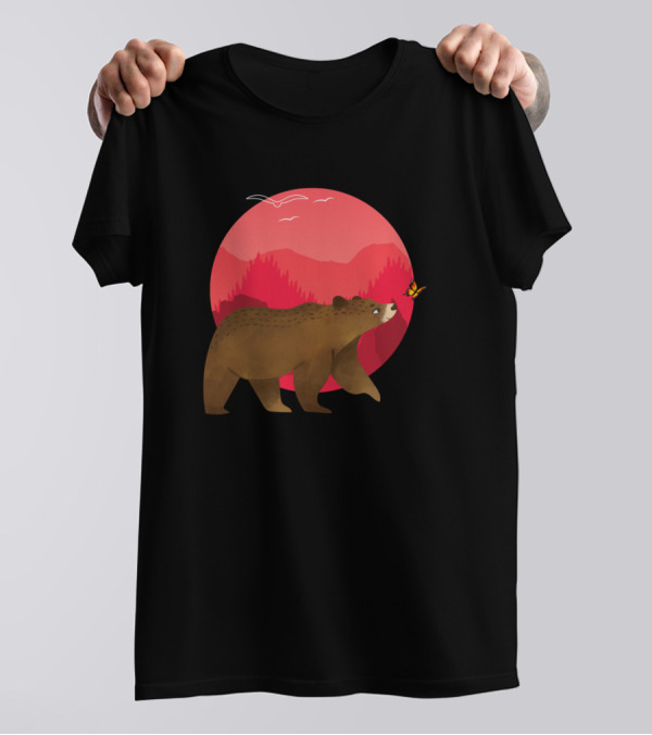 Bears And Butterflies In Red Forest Sunset T-Shirt