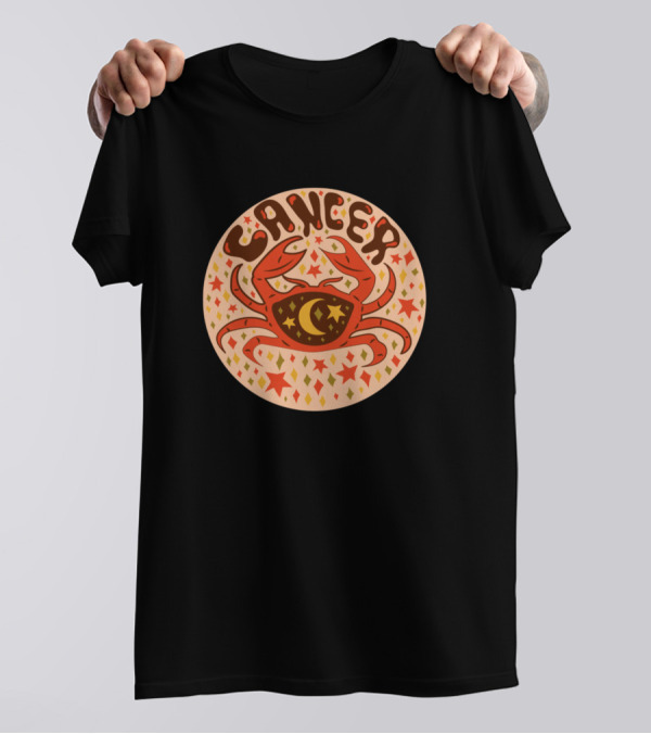 Cancer Zodiac Retro Crab Astrology Art With Stars And Moon T-Shirt