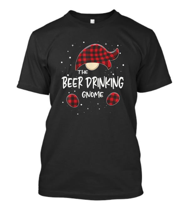 The Beer Drinking Gnome With Red Plaid Hat And Stars T-Shirt