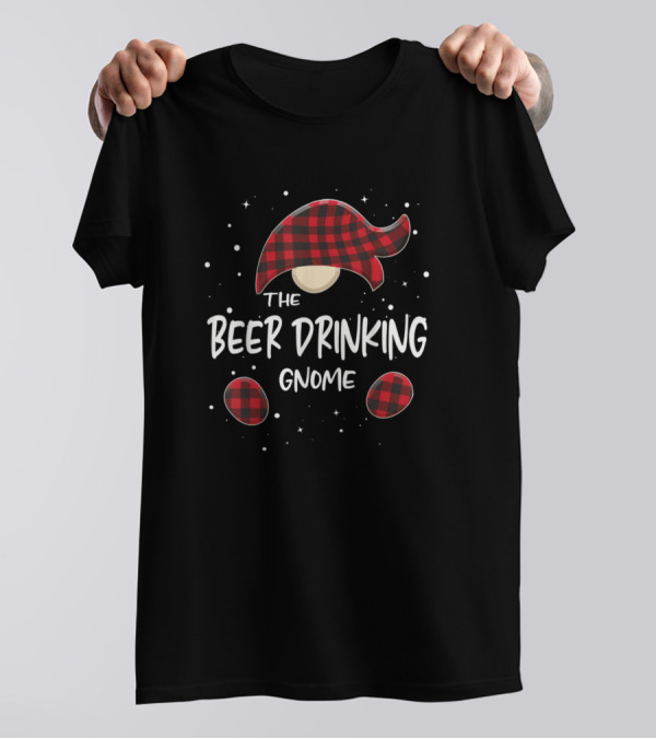 The Beer Drinking Gnome With Red Plaid Hat And Stars T-Shirt