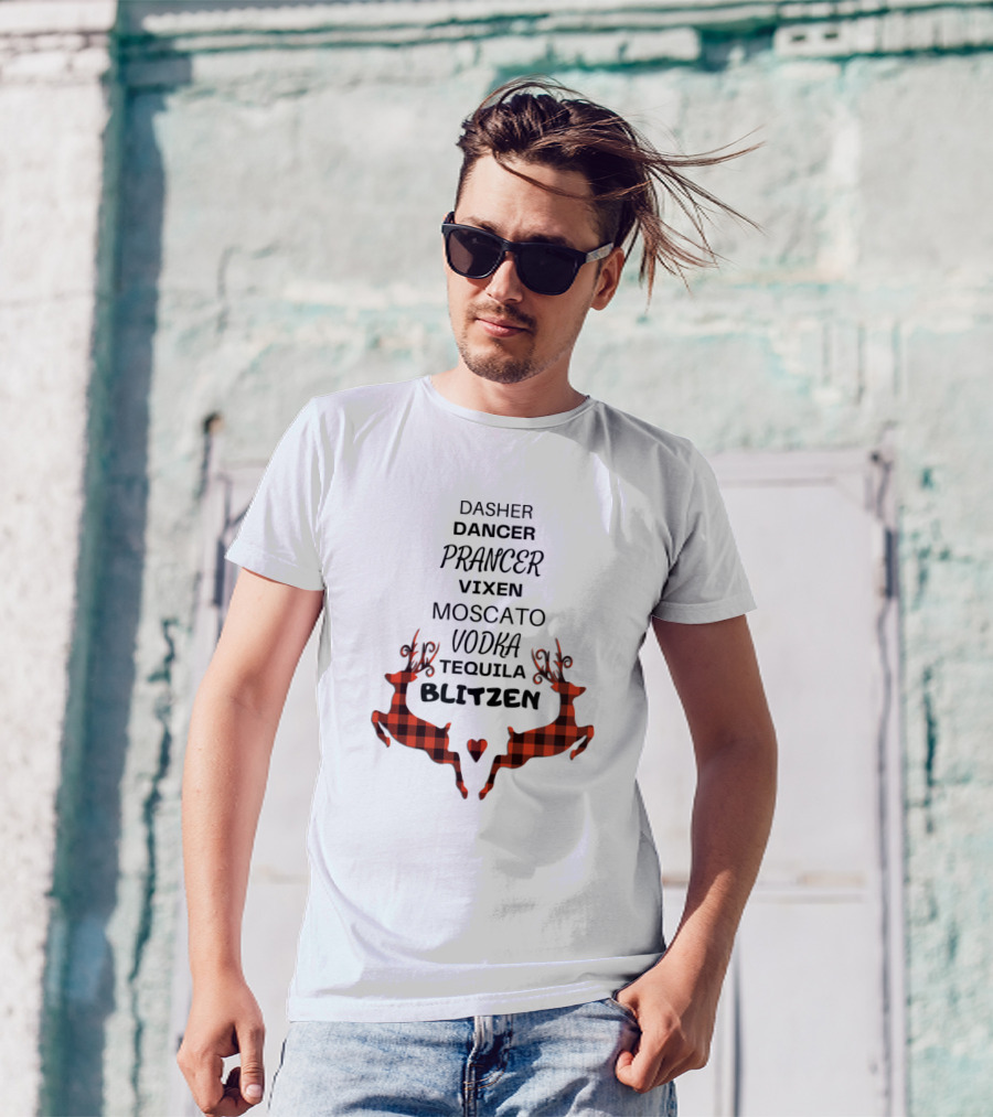 Dasher Dancer Prancer Vixen Moscato Vodka Tequila Blitzen Buffalo Plaid Reindeer T-Shirt