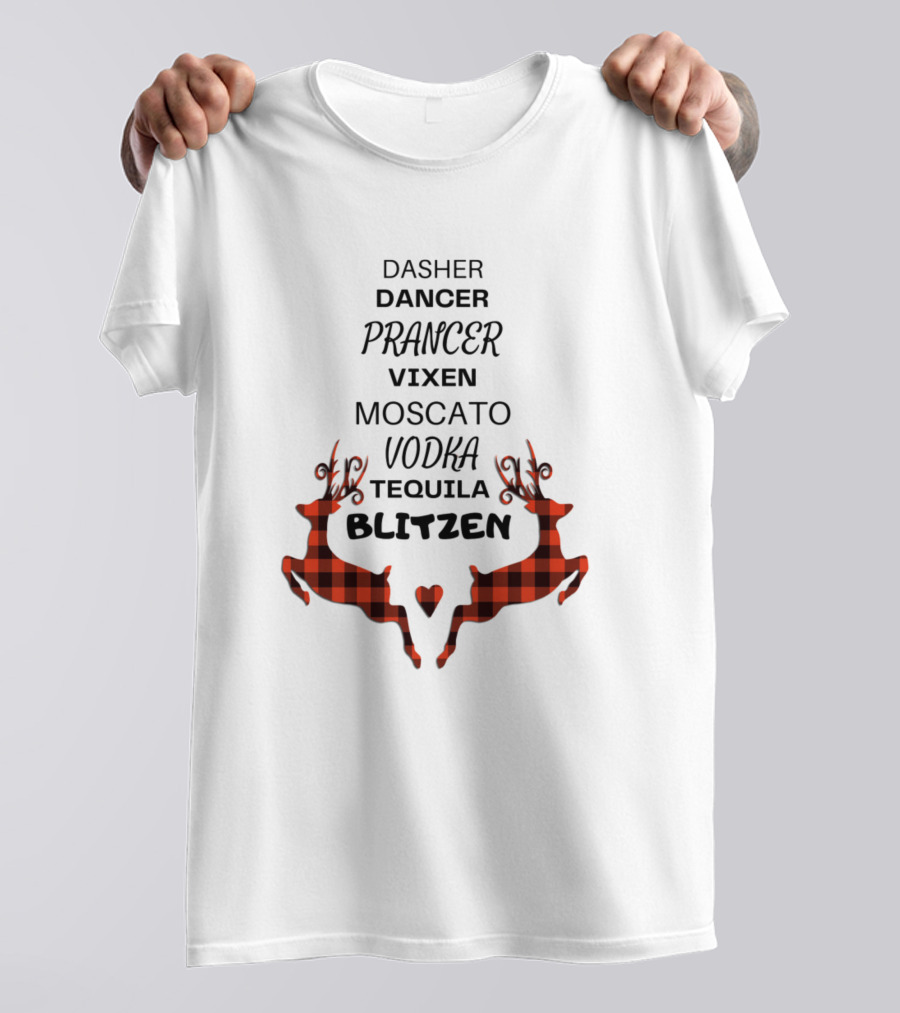 Dasher Dancer Prancer Vixen Moscato Vodka Tequila Blitzen Buffalo Plaid Reindeer T-Shirt