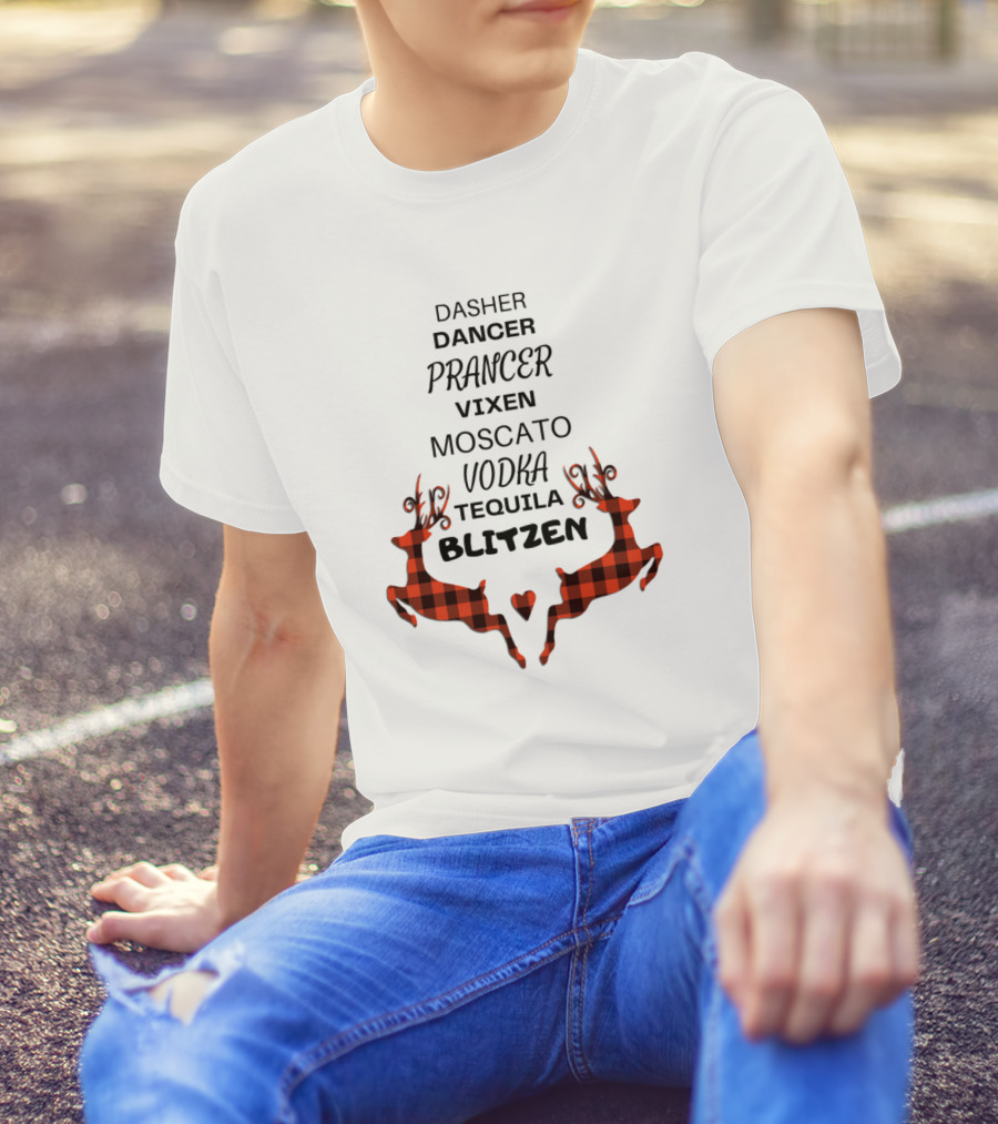 Dasher Dancer Prancer Vixen Moscato Vodka Tequila Blitzen Buffalo Plaid Reindeer T-Shirt
