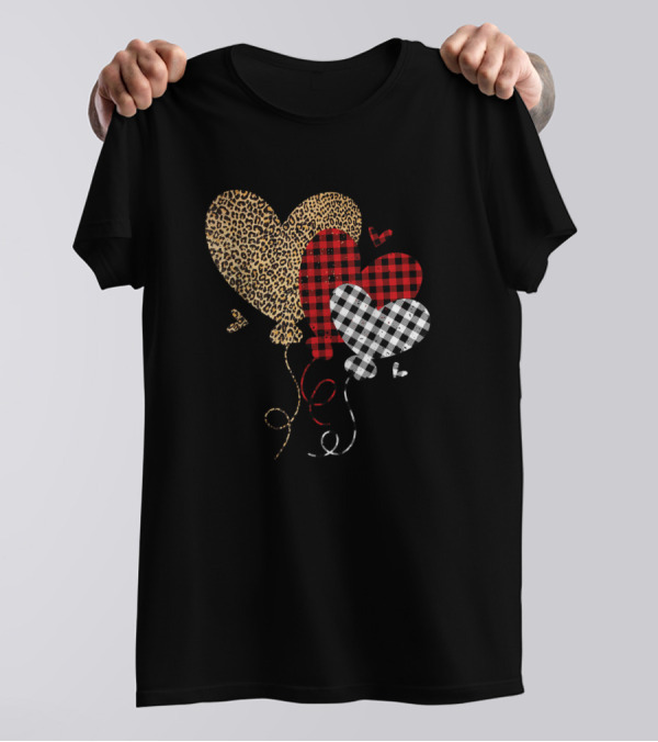 Buffalo Red Black Plaid Leopard Hearts Valentine Balloons T-Shirt
