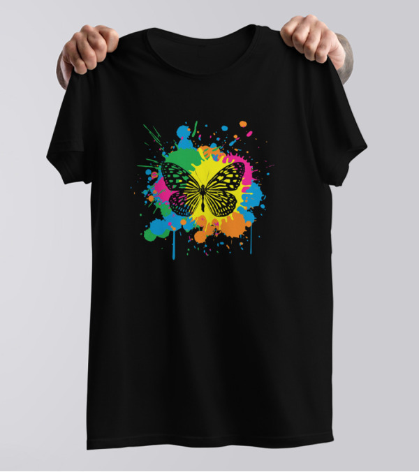 Butterfly Multi Colored Paint Splash Splatter T-Shirt