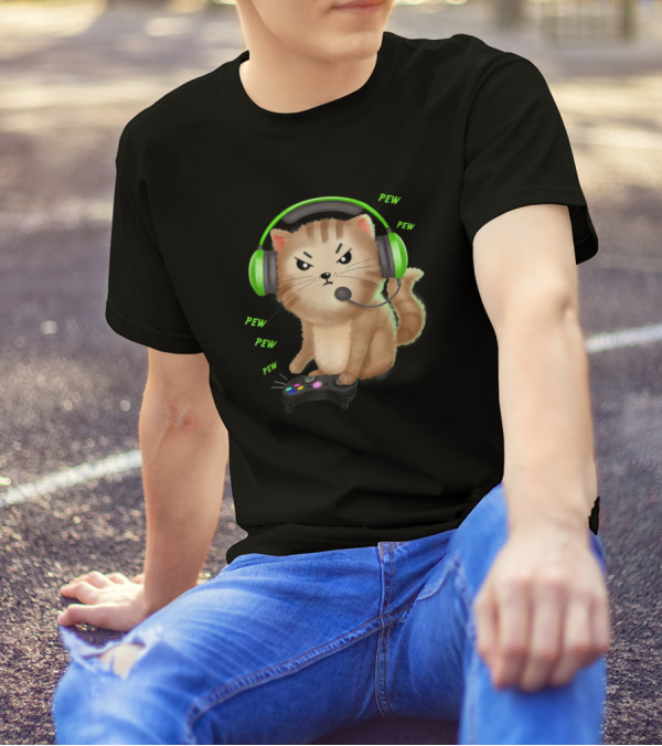 Pew Pew Cat Gaming Video Games Lover Nerd Girl T-Shirt