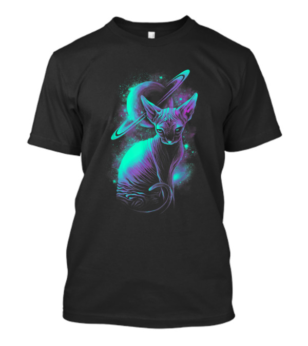 Hairless Cat In Neon Galaxy With Saturn T-Shirt