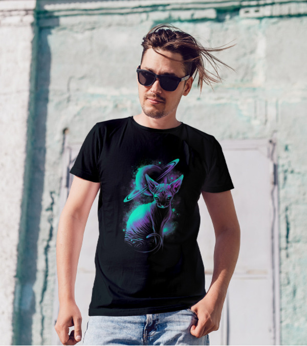 Hairless Cat In Neon Galaxy With Saturn T-Shirt