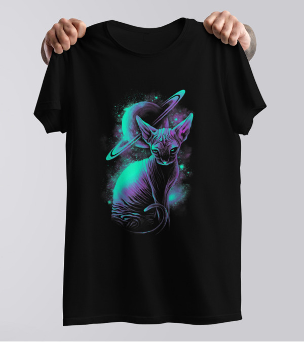Hairless Cat In Neon Galaxy With Saturn T-Shirt